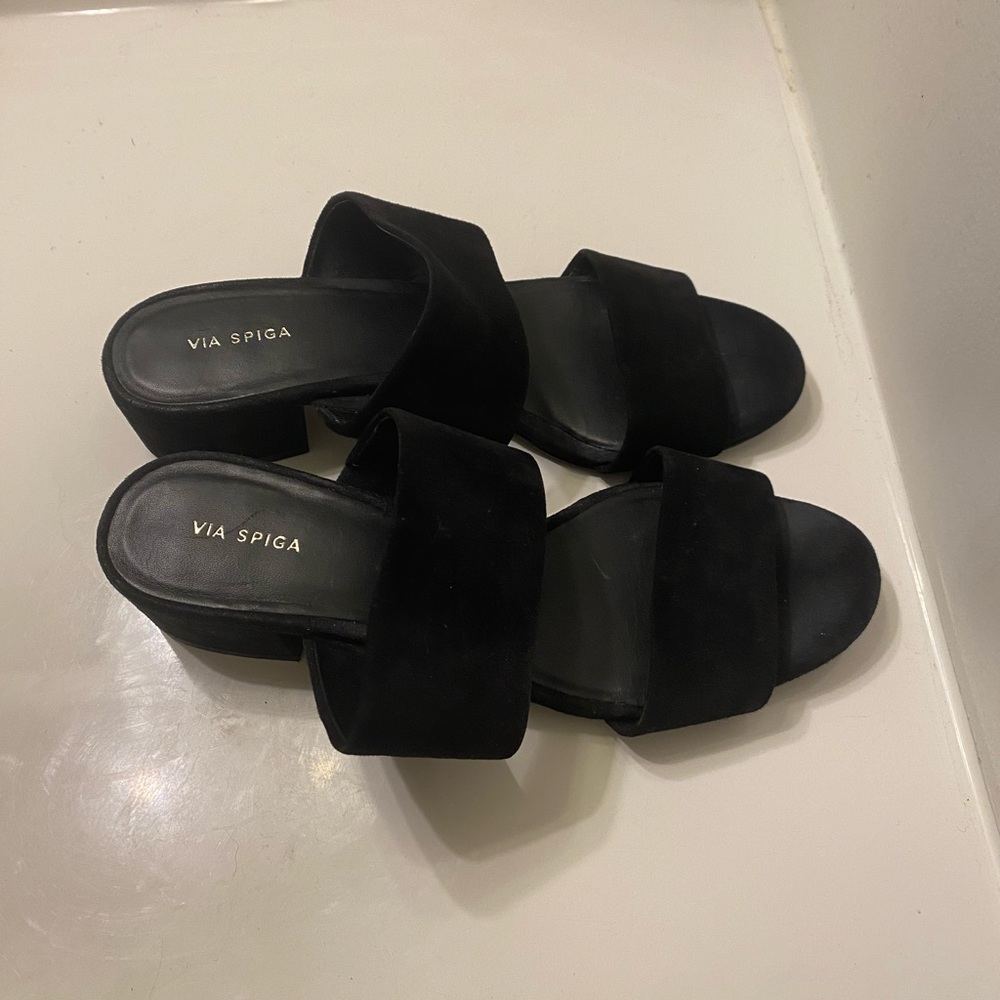 Via Spiga Black Double Strap Block Heel Sandals